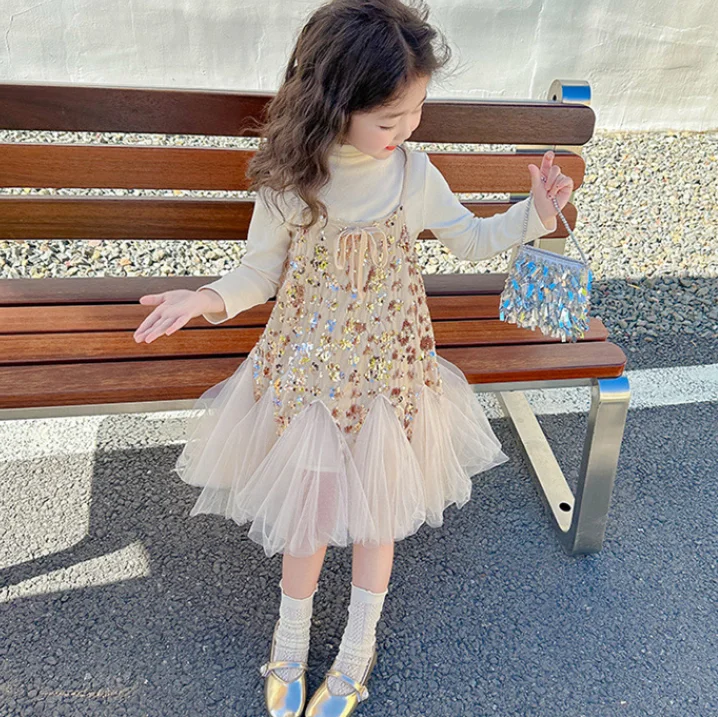 New Baby Girls Fall Boutique Fashion Sets Sequined Sling Dress + Long Sleeve Underwear Princess Elegant Suits 2-7T