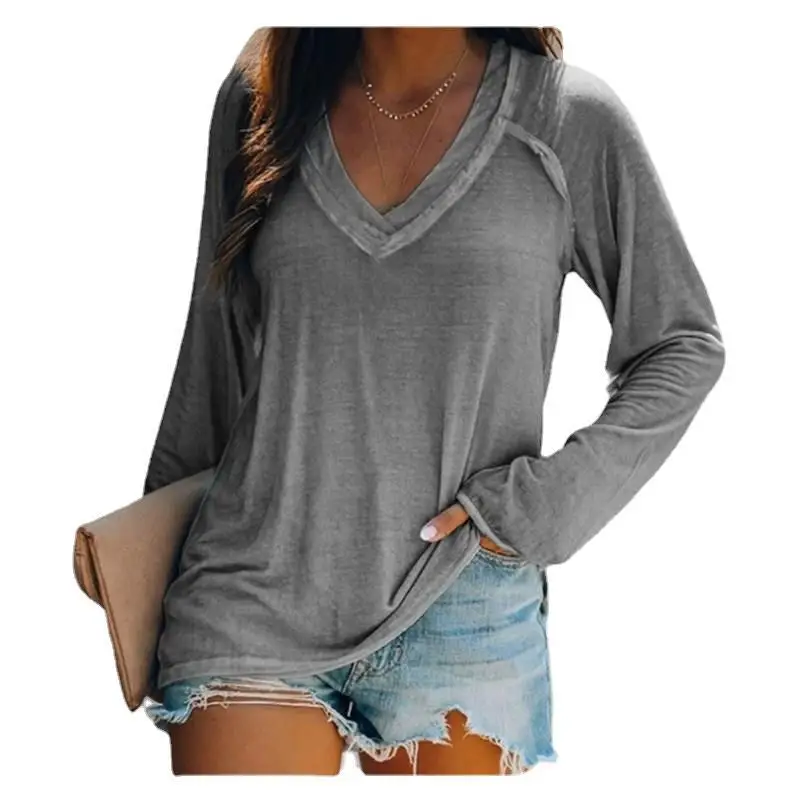 Solid color long sleeved V-neck patchwork casual oversized T-shirt top for women\'s clothing