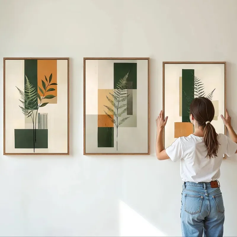 Sage Green Fern Leaf Framed Canvas Wall Art Boho Abstract Wall Decor Rustic Neutral Modern Botanical Art Print Beige