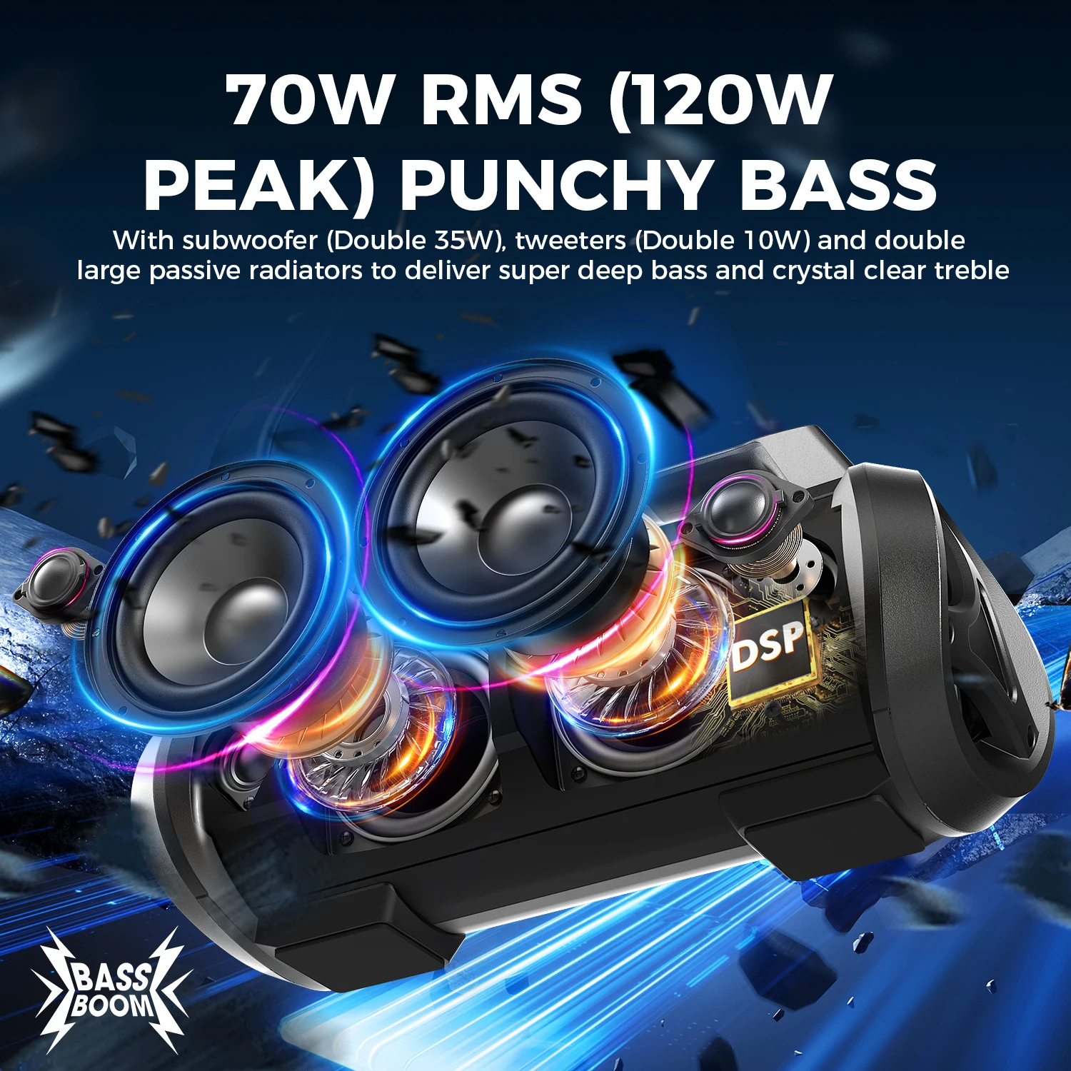 W-KING D10MIC 70W RMS Bluetooth Portable Speaker Wireless Loud IPX6 Waterproof Bluetooth Music Box with Subwoofer/Bass Boost
