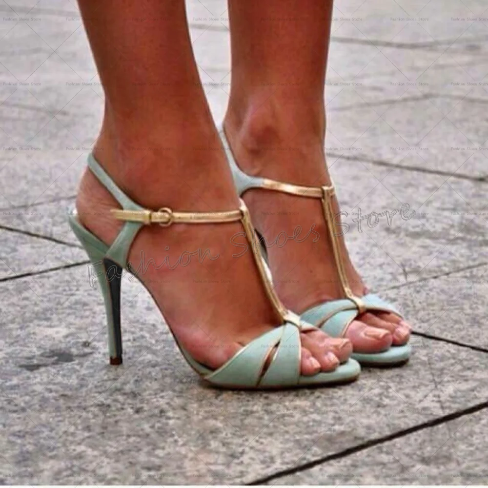 

Blue Cross Strap Buckle Strap Sandals T-strap Women Shoes Stilettos High Heels Party Banquet Dating 2025 Zapatos Para Mujere