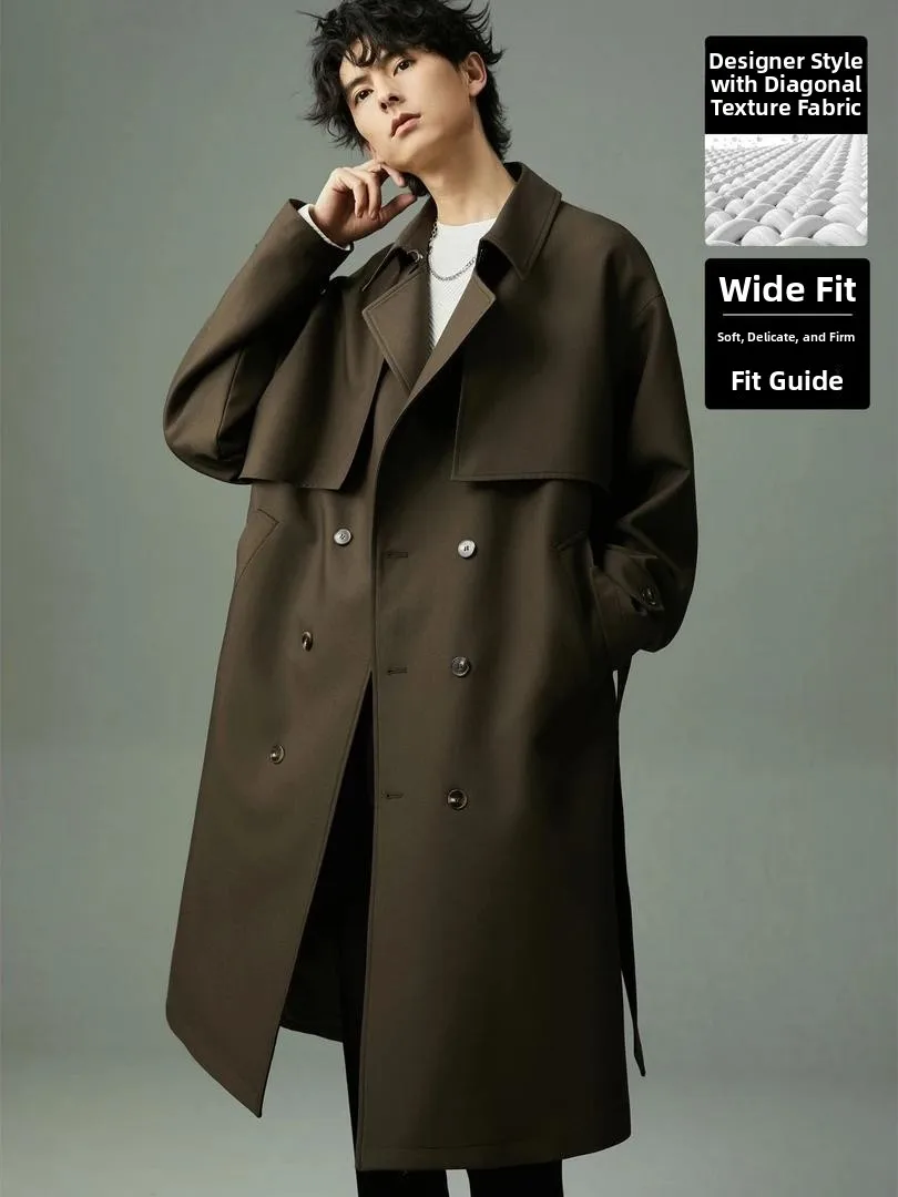 

Ele Double-Breasted Men's Coat Trendy Belted Mid-Length Windbreaker for Couples Spring Autumn Seasonal Outerwear