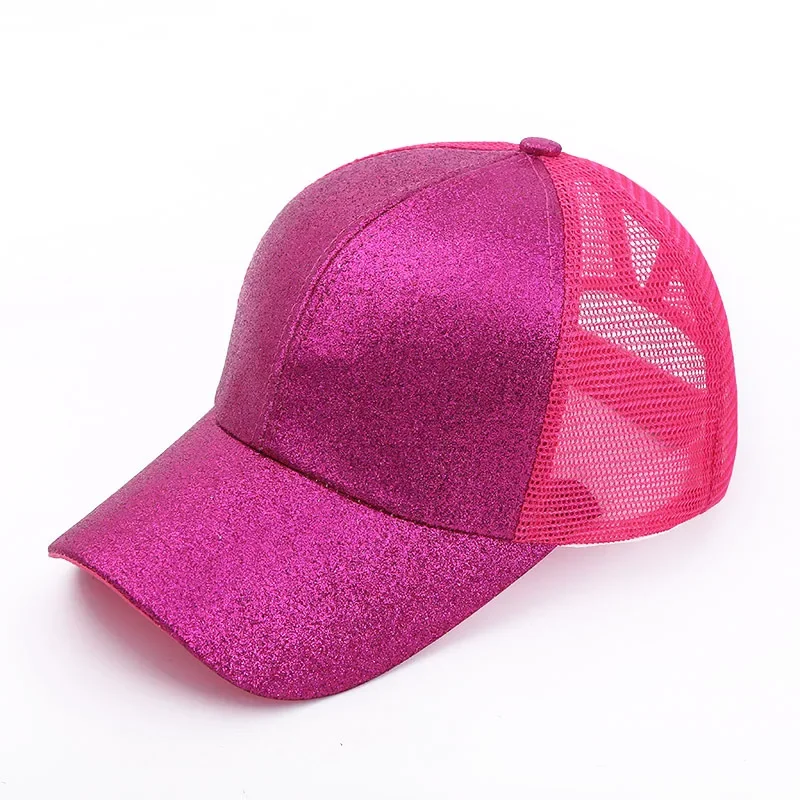 Ponytail Baseball Cap for Women Shiny Glitter Sequins Woman Summer Cap Mesh Sunhat Pure Color High Messy Bun Hat