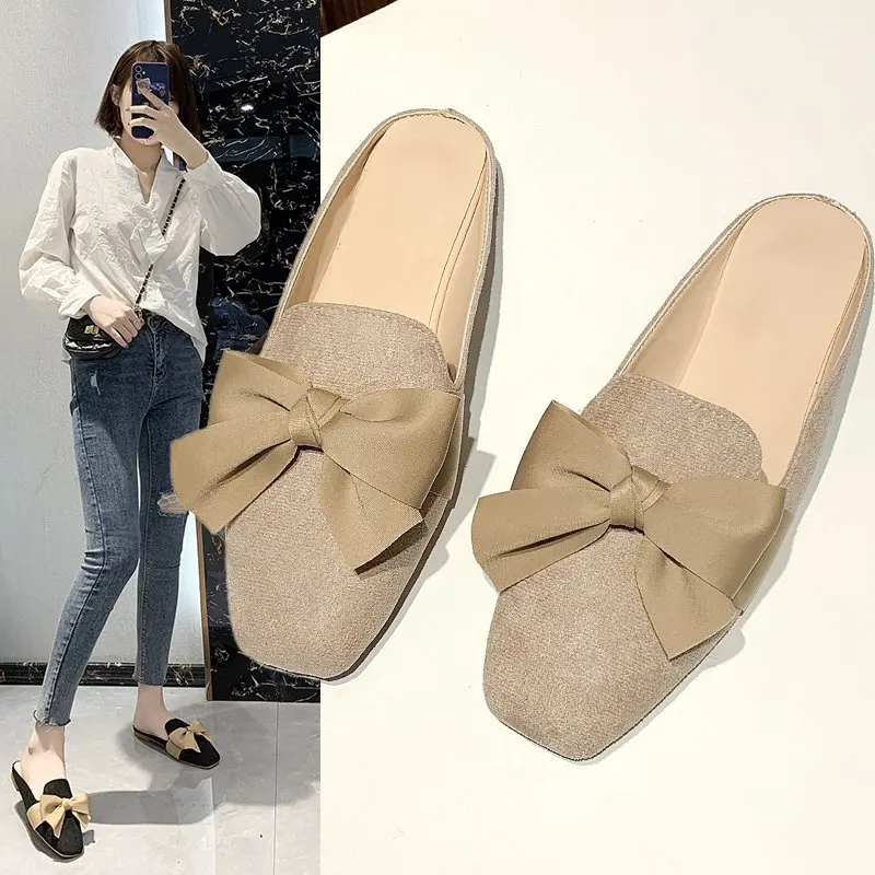 Slippers female spring and autumn women's shoes new Korean version square head baotou half drag women's bow flat sandals female