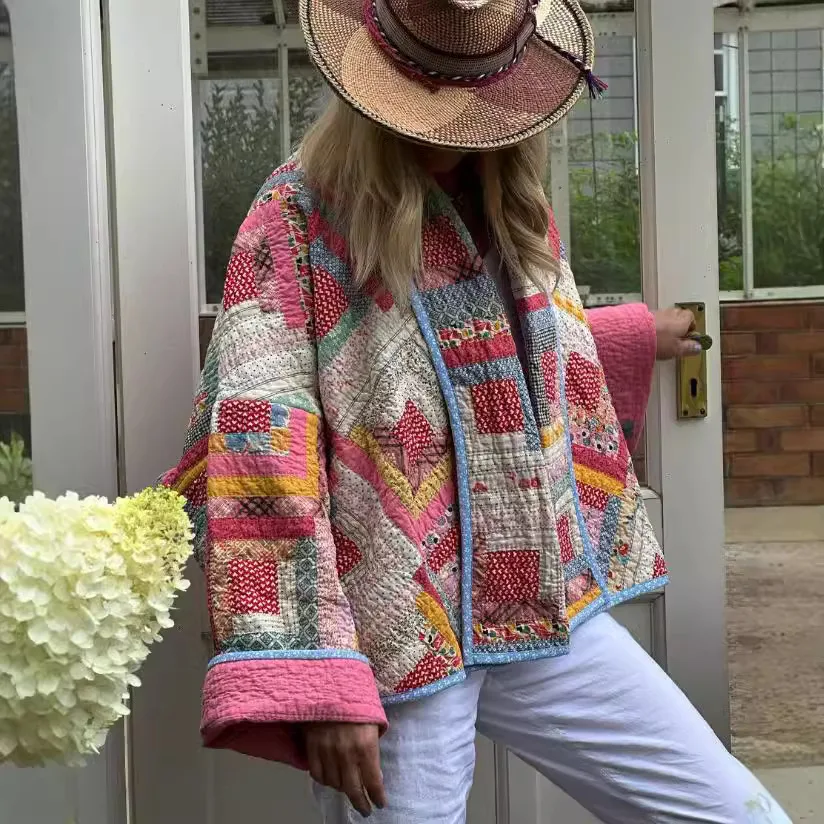 Women's Pink Vintage Print Patchwork Cotton Coats Parkas Long Sleeve Casual Short Jackets Tops Female High Street Outerwear