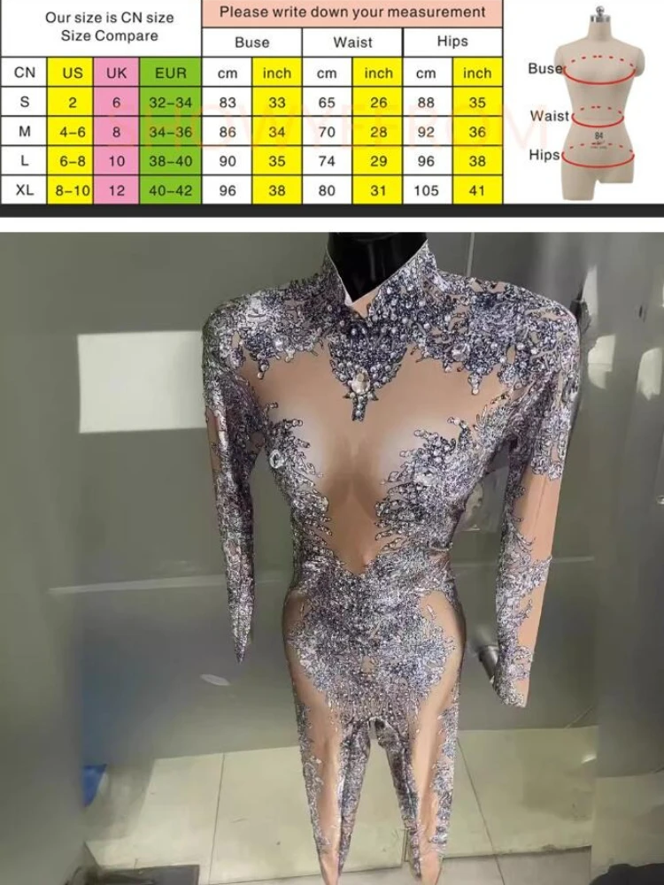 생일 여성 송 DJD 무대 의상 고공 섹시 페이크 미트 라인스톤 프린트 점프수트 공연 의상