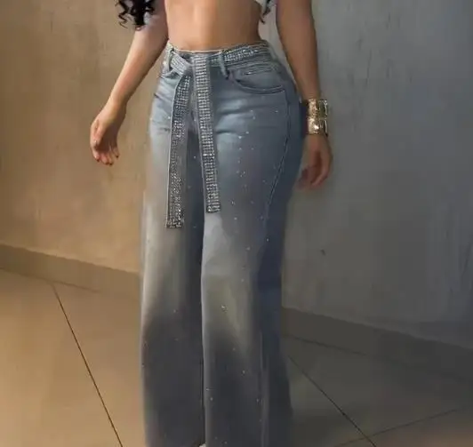 Calças de brim femininas novo allover strass decoração cintura alta zíper voar jeans casual perna larga calças jeans com strass decoração cinto
