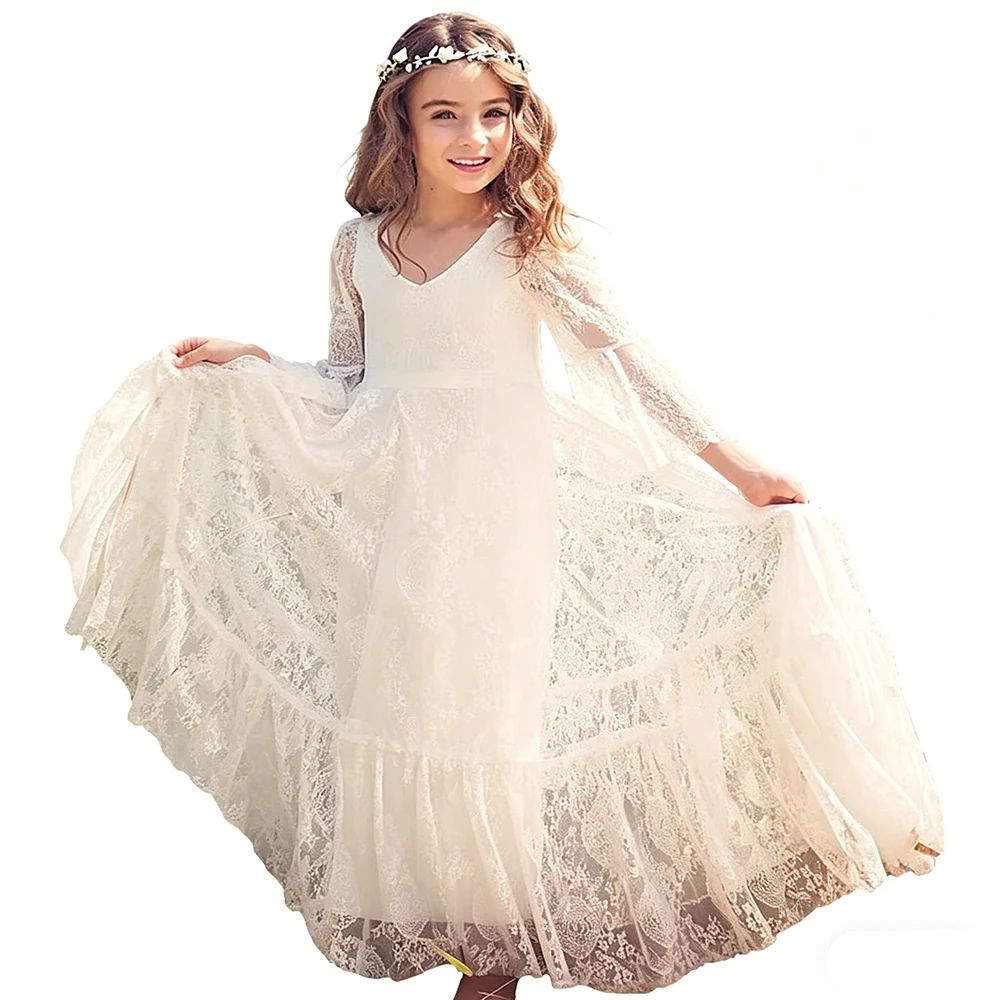 Cheap Kids Formal Wear Girls Lace Birthday Dresses Long Sleeves Empire Boho Summer Beach Flower Girl Dresses For Garden Weddings