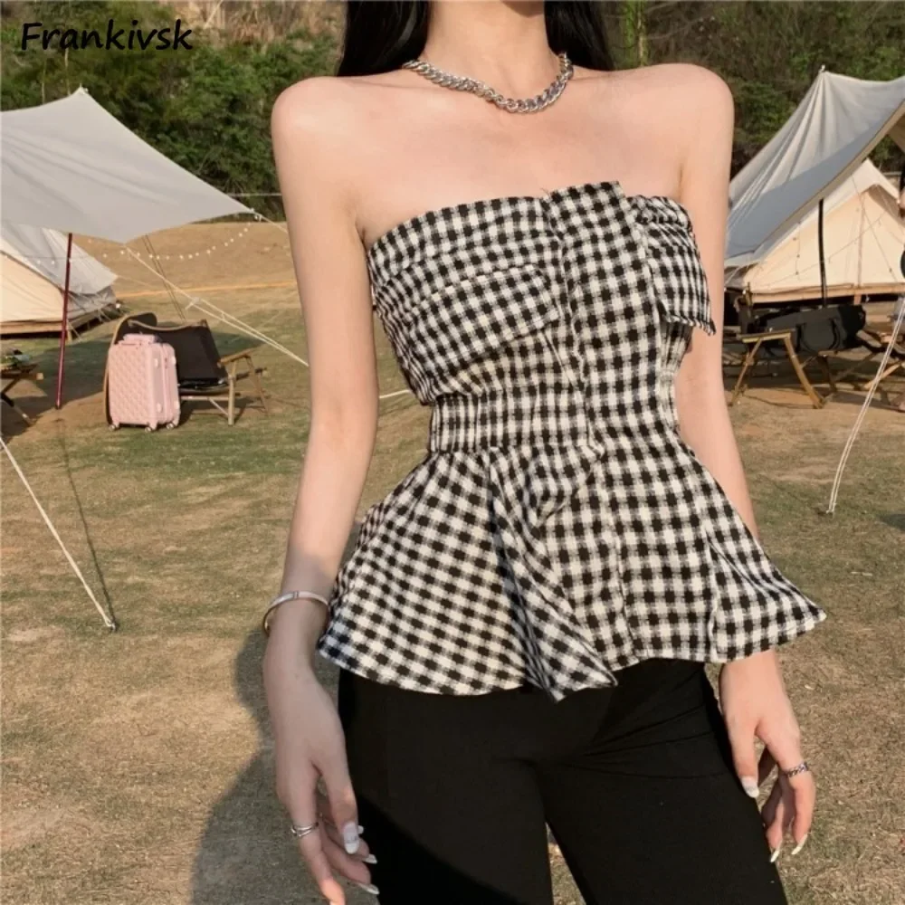 Women Plaid Tanks Tops Slim Waist Sleeveless Ruffles Delicate Commuter High Street Spicy Girls Slash Neck Classical Korean Style