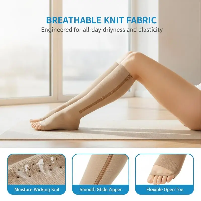 1 Pair Zipper Compression Socks For Women Men 15-20 MmHg Closed Toe Knee High Support Sock Legs Prevention Socks