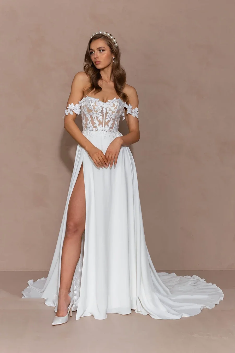 

Flavinke Off Shoulder A-line Lace Bride Gown Sweetheart Neck Backless High Slit Wedding Dresses for Women vestidos de novia