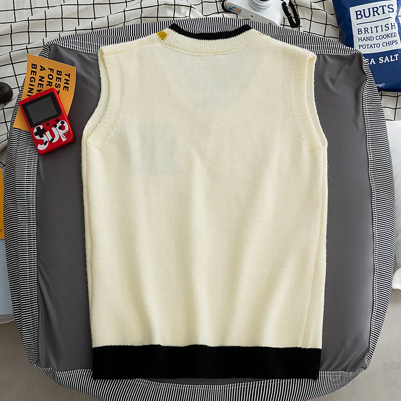 Men's Preppy Style Sweater Vest V-Neck Sleeveless Sweater Vest Classic Fit Campus Pullovers Fashion Tank Tops