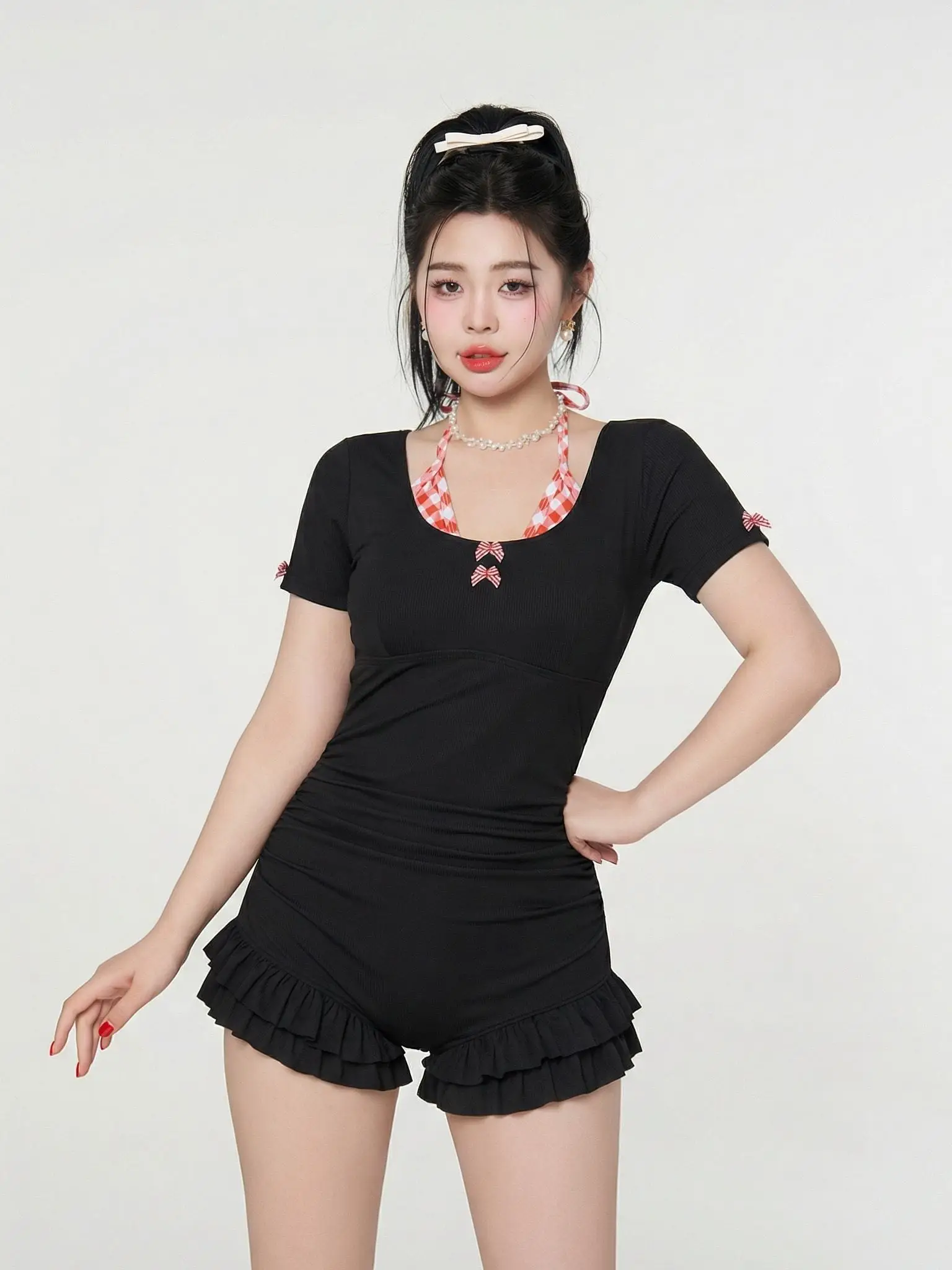 Large Size One-Piece Swimsuit Pear Shaped plus Size Trendy Thermal Spring Casual Swimwear Short Sleeve round Neck for Women