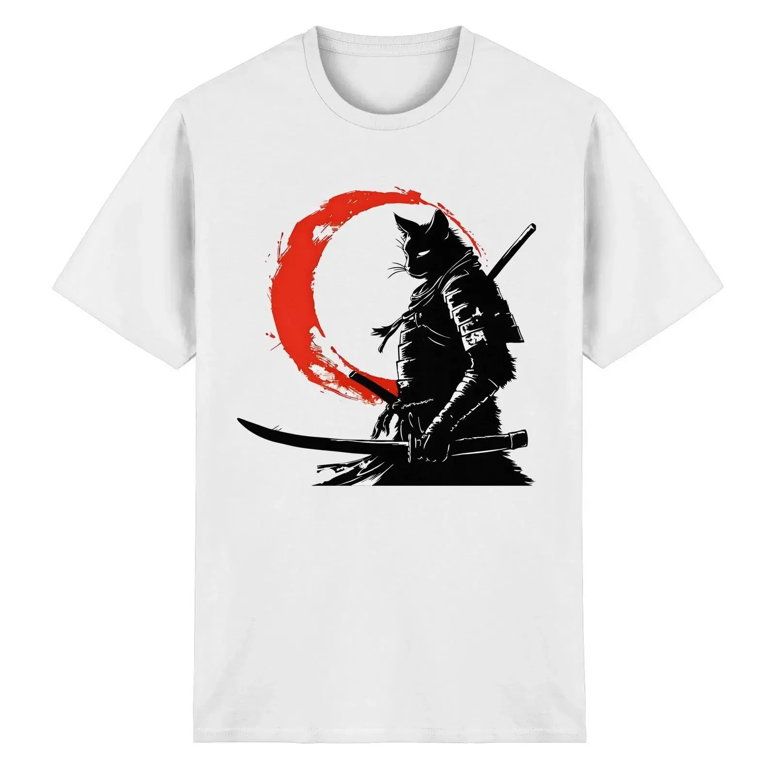 Samurai Katze T-Shirt Japan Katana Heavy Cotton für Herren Vintage Washed Leicht stilvolle Designerkleidung Lässig Weich