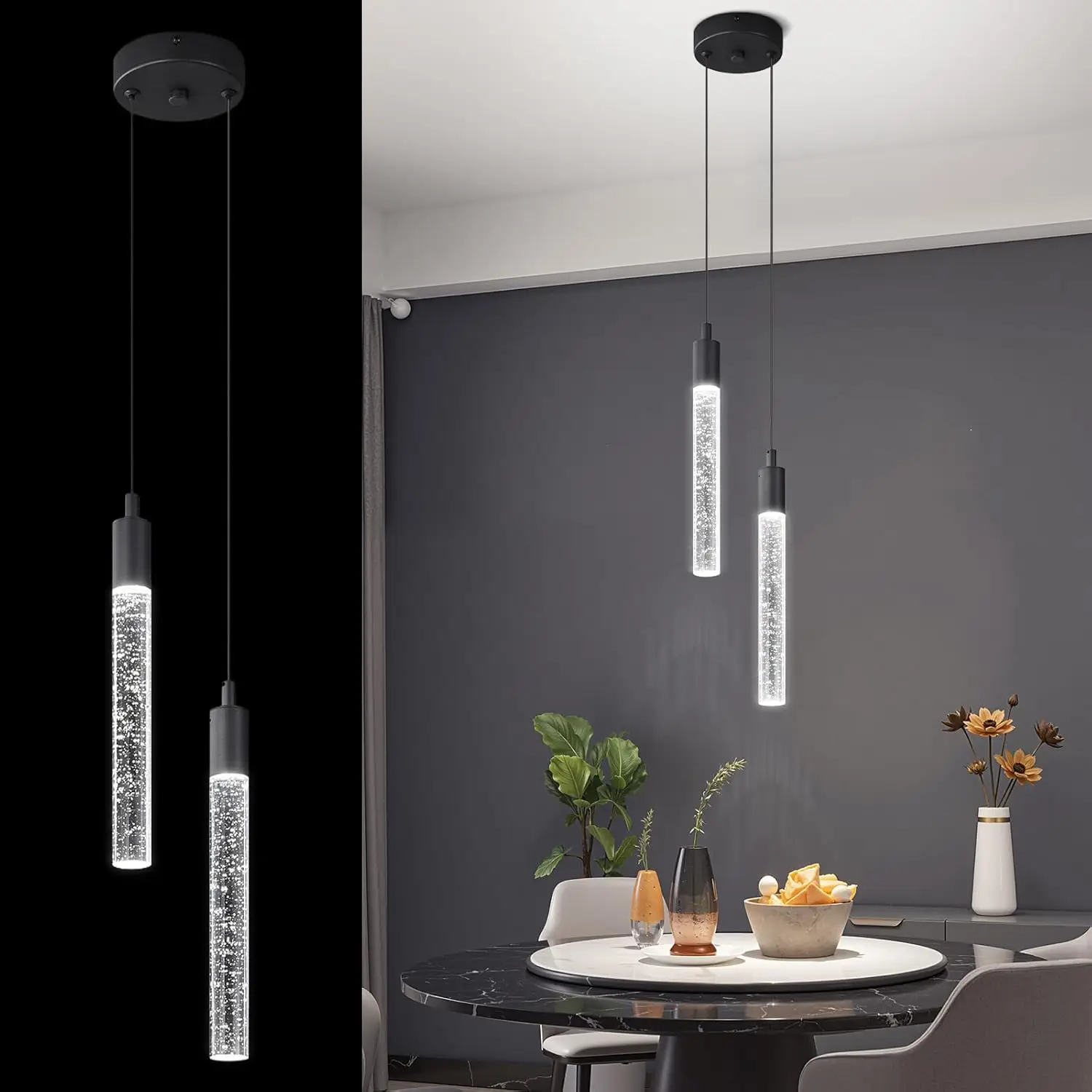 2-Light Fixture Kitchen Island Pendant Light Dimmable LED Black Pendant Lights Mini Crystal Pendant Lighting for Bedroom Dining