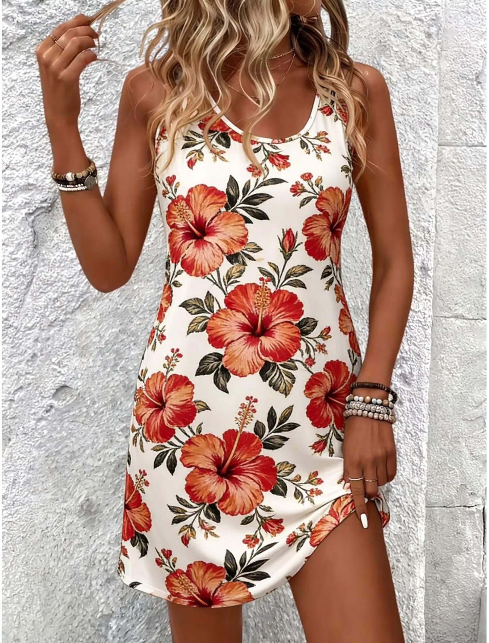 Women  Beach Dress Floral Pattern Sleeveless Sundress Summer Fashion Hibiscus Holiday Party Dresses Female New Tops