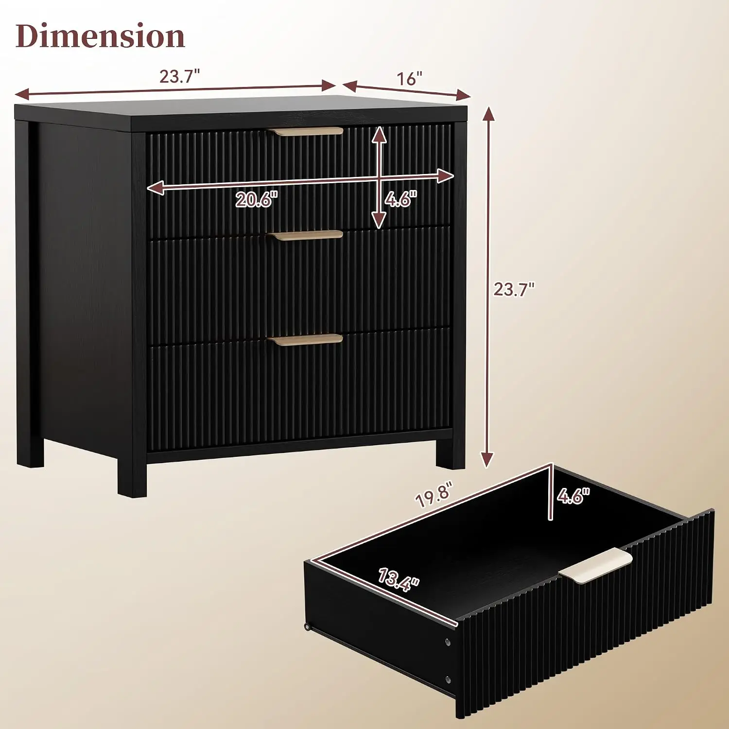Fluted 23.7'' Nightstand with 3 Drawers Mid-Century Modern Bedside Table with Handles Wood End Table Bedroom Black, Customized