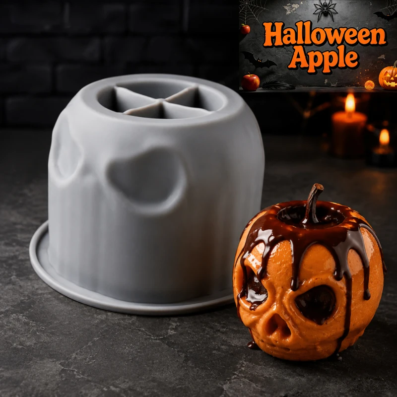 Halloween skull apple silicone mold, creative design, food-grade silicone, non-stick and easy to demold, can be used to make various baked cakes, mousses, handmade soaps, aromatherapy products, candles, etc., suitable for Halloween baking, holiday baking, and DIY for beginners