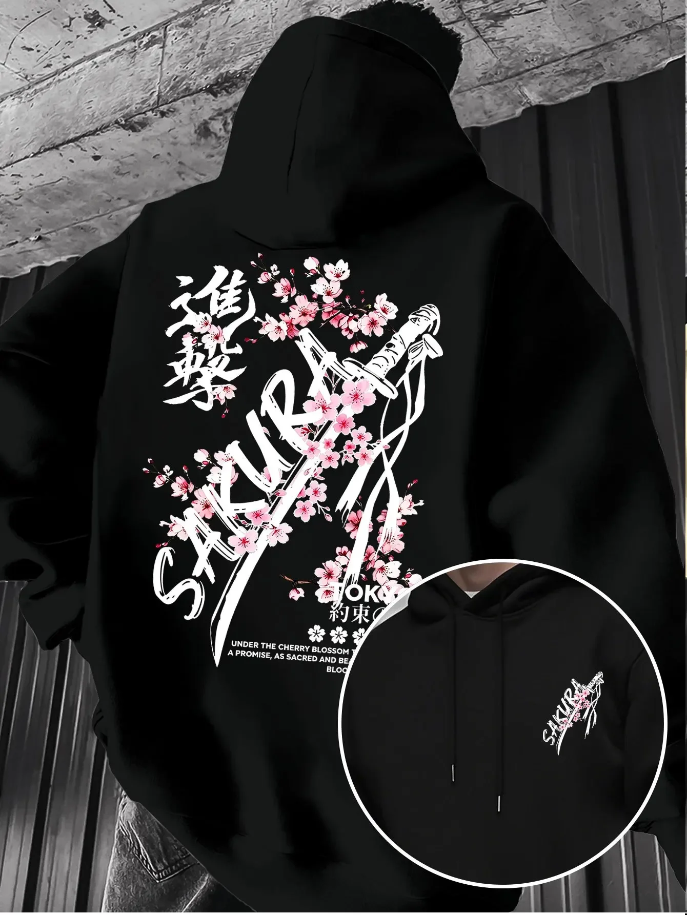 Men's Cherry Blossom Samurai Sword Themed Hoodie, Autumn/Winter, Fleece Lined, Loose-fitting Casual Street Style Sweatshirt