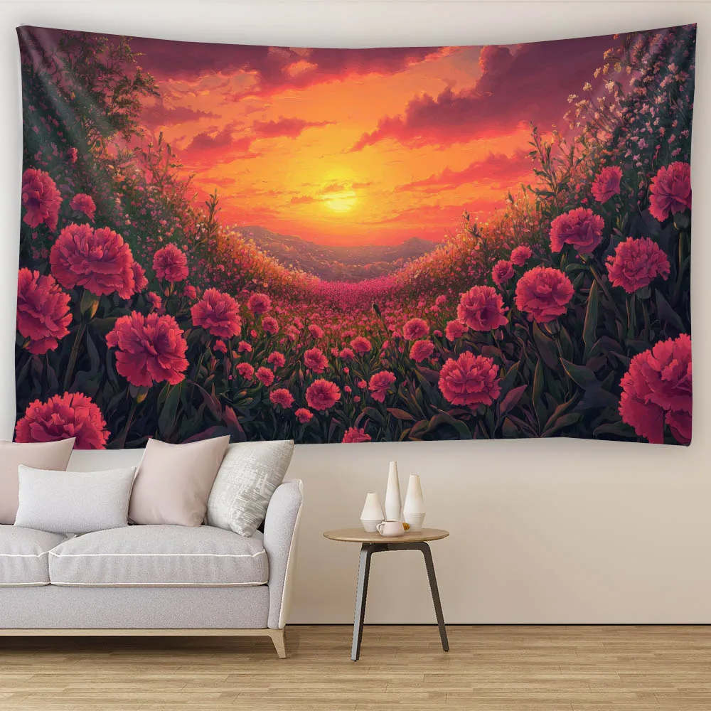 Landscape oil painting, tapestry, flower sunrise, fabric hanging painting, suitable for bedroom and living room wall decoration