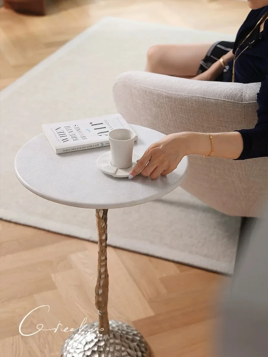 【Natural】Home sofa mobile side table luxury Indian imported hammered aluminum marble small coffee table small round table
