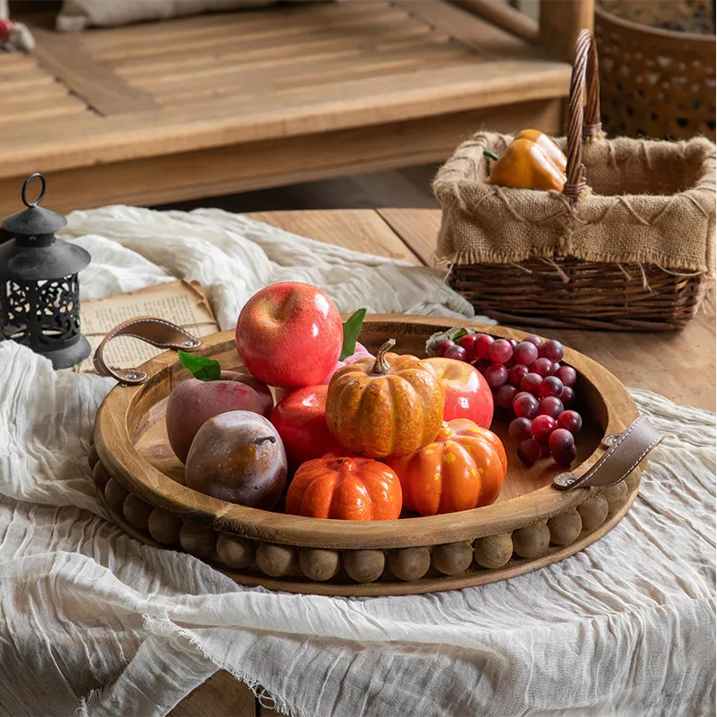 Retro Rustic Wooden Woven Fruit Basket Home Daily Serving Portable Handmade Storage Tray Holder for Kitchen Dining Table Picnic
