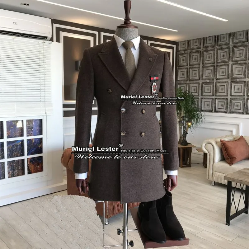 

Autumn/Winter Brown Suits Jacket Men Double Breasted Blazer Masculino Slim Fit Tweed Wollen Overcoat Custom Made Long Coat 2022