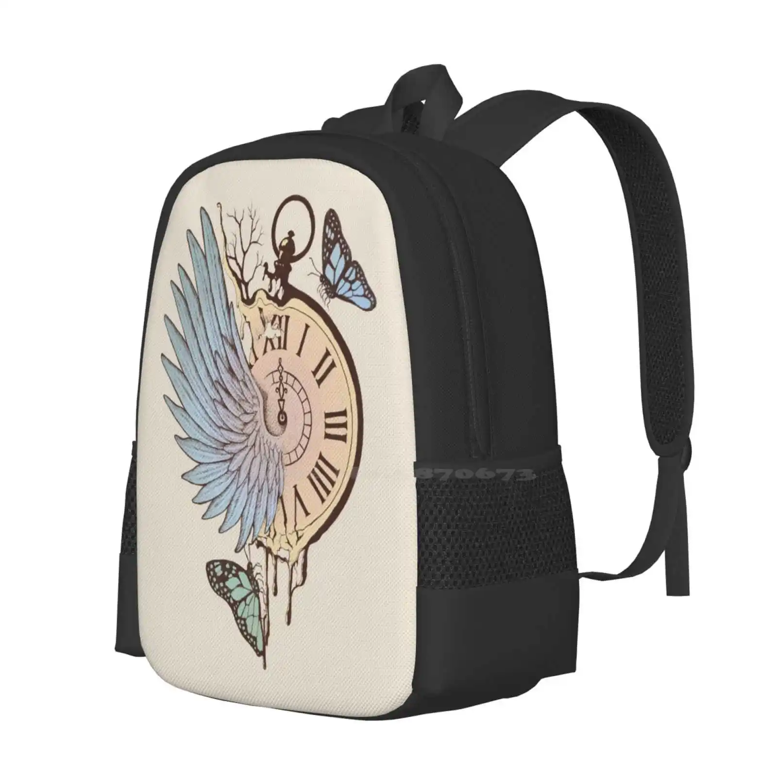 Le Temps Passe Vite ( Time Flies ) Teen College Student Backpack Pattern Design Bags Timeflies Death Surrealism Bird Wing