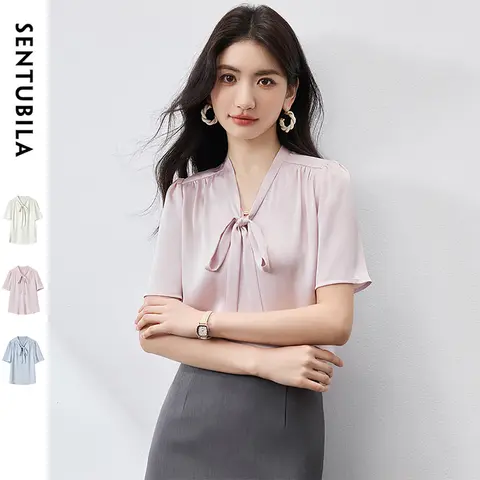 SENTUBILA Chiffon Women Blouse 2025  Elegant Office Lady Commuting Short Sleeve Lace-Up Neck  Shirt Woman Clothing 152V58359