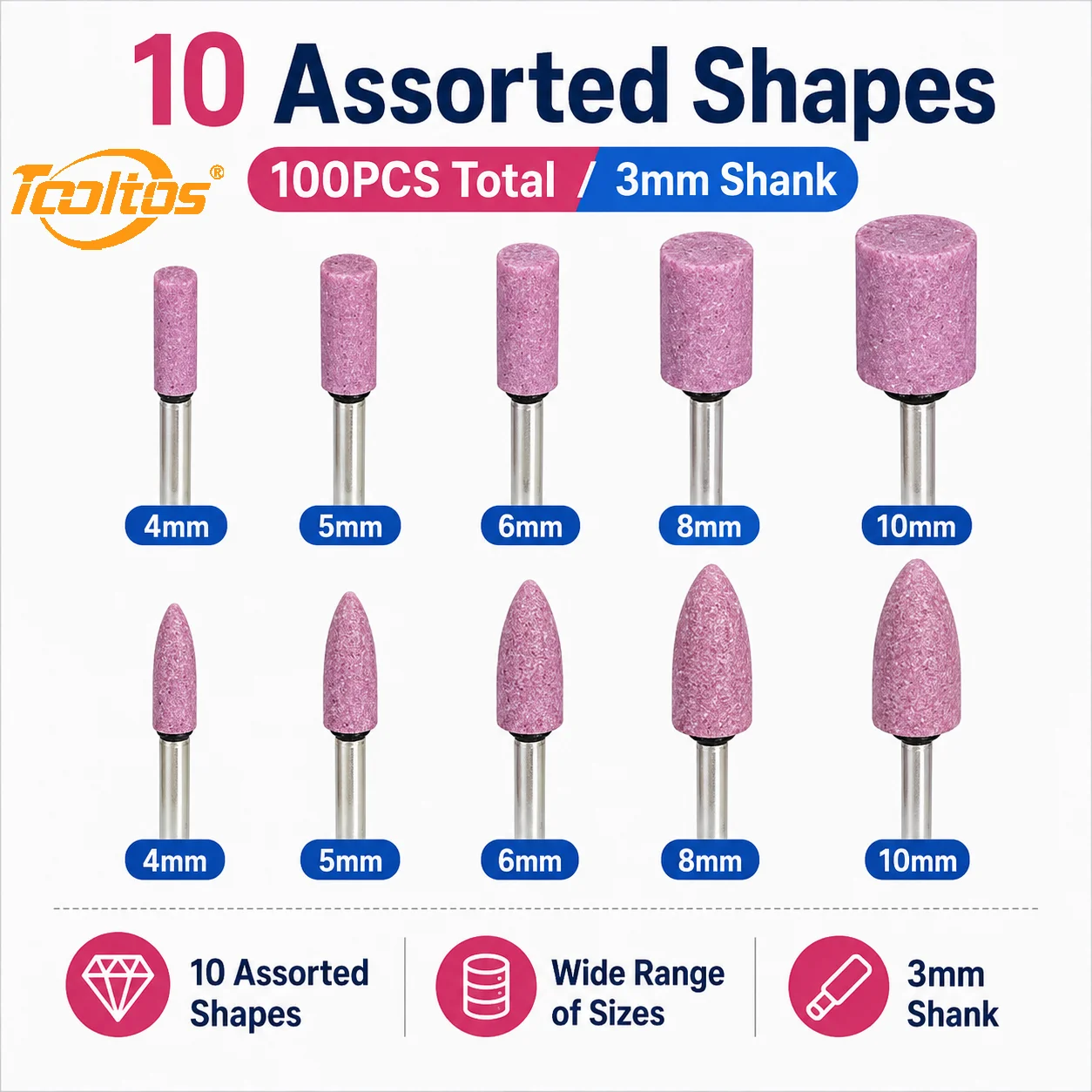 100PCS Chrome Corundum Mounted Grinding Stone Set 3mm Shank 10 Shapes Abrasive Bits for Jewelry Metal Grinding Polishing