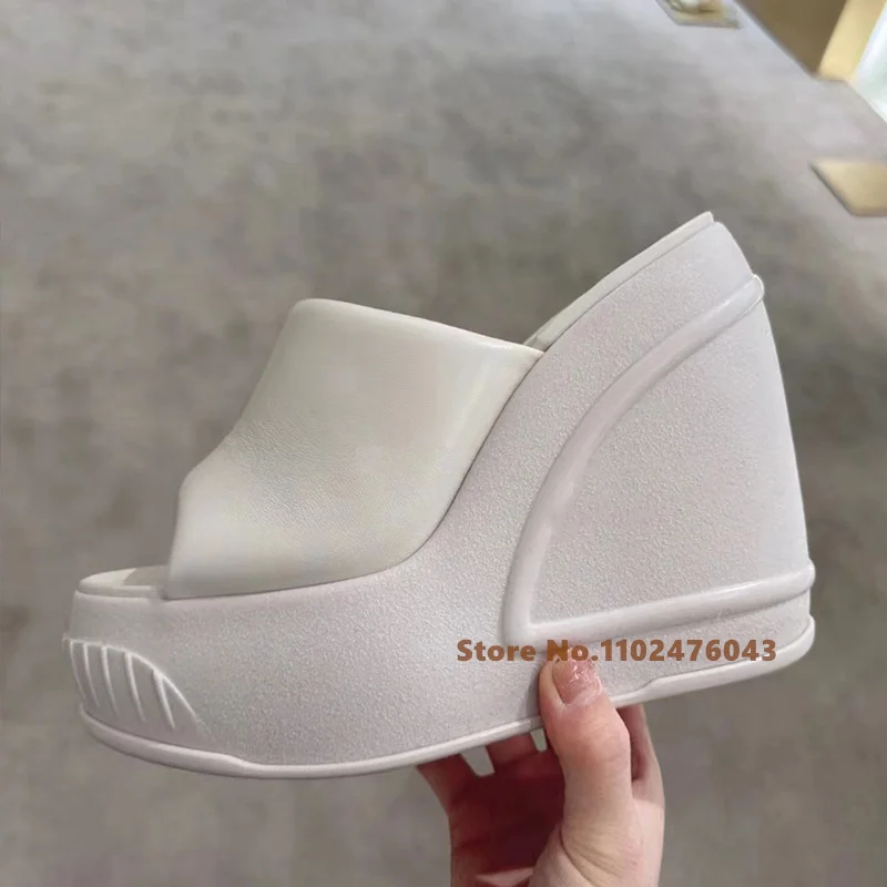 Thick Sole High Heel Women's Slippers White Round Toe Wedge Heel Holiday Beach Shoes Summer New Shallow Outside Slippers