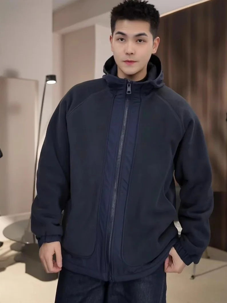 

Double-Sided Fce Hooded Jaet Men's Faionable Splicing Couple Sle Cotton Filled Warmth Casual Outerwear