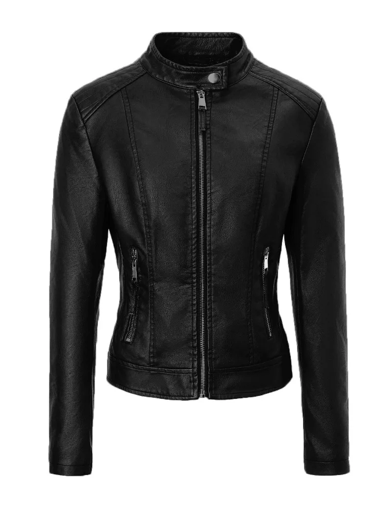 Autumn New Casual Women Leather Jacket Stand Collar Slim Fit Short PU Leather Coat Solid Classic Female Zipped Outerwear Y2k