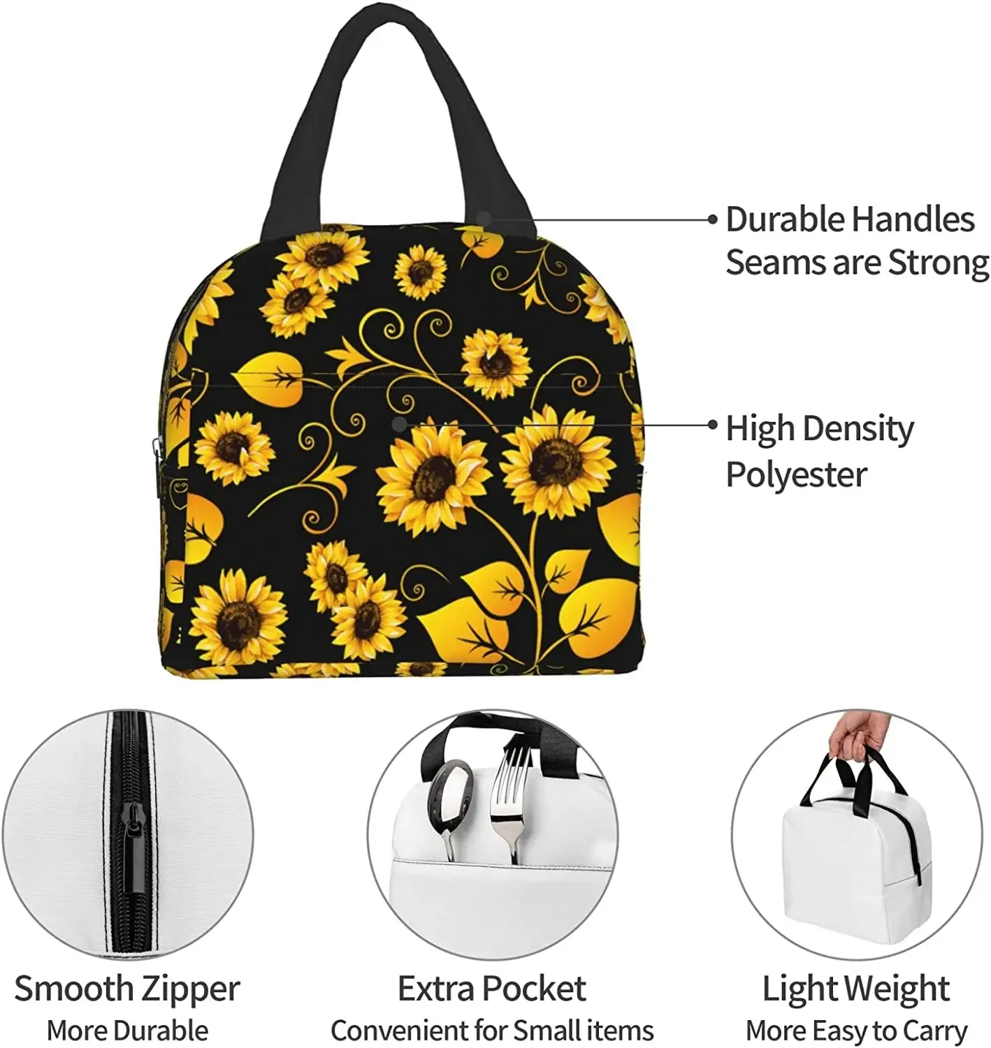 Sunflower Insulated Lunch Bag for Women Men Washable Cooler Tote Bag Reusable Lunch Box Lightweight for Office Work Picnic Beach