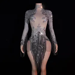 New Women Sequin Bodysuit Grey Tassel Rhinestone Sexy Performance Singer Dancer Show Stage club Party Birthday Wear Costumes