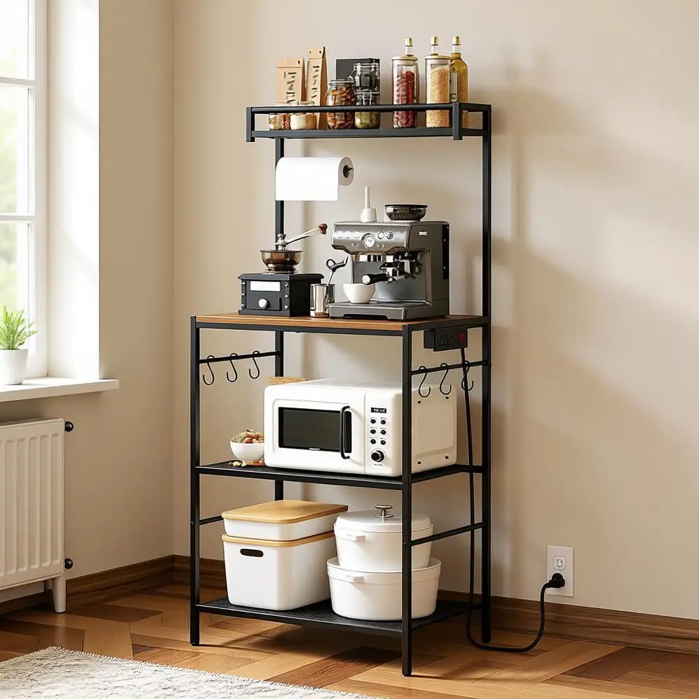 

Kitchen Storage Rack with Microwave Stand and Paper Holder, Rustic Brown and Black
