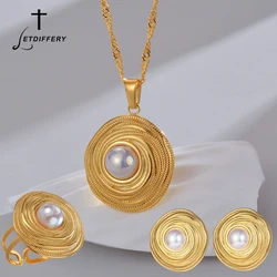 Letdiffery Vintage Golden Pearl Pendant Jewelry Sets Stainless Steel Irregual Geometric Round Female Stud Earring Necklace Ring