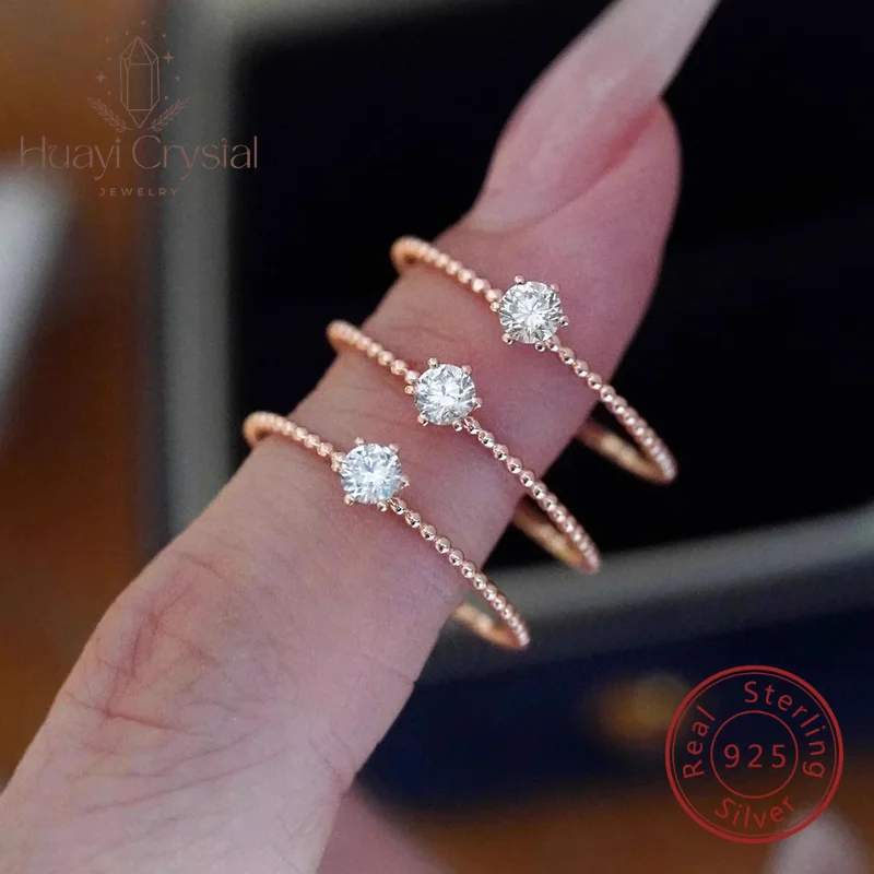 

Sterling Silver 925 Pure Silver Plated with 18K Gold Bead Ring Arm Single Zircon Diamond Women's Jewelry Simple Wedding Ring