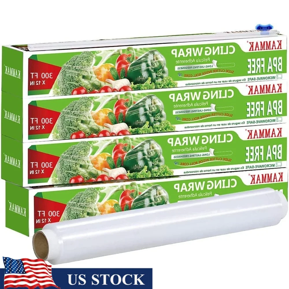 

Plastic Wrap with Cutter 4 Pack 12 Inch Cling Film 300 Sq Ft BPA Free Microwave Safe Kitchen Food Storage Quick Cut Wrap