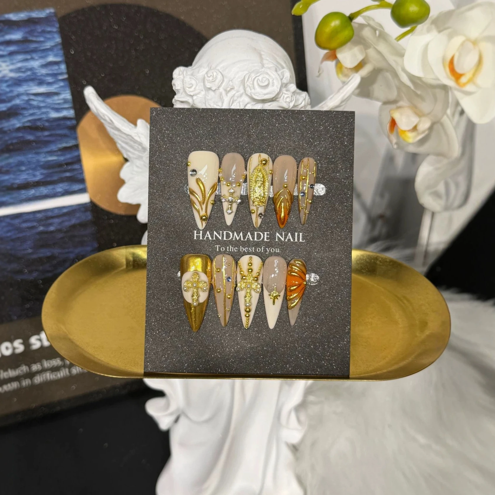 10pcs Luxury Pearl Cross Fake Nails Broken Diamond Press on Nails Yellow French 3D Flower Nail Sweet Cool Long Stiletto Nail Art view 2
