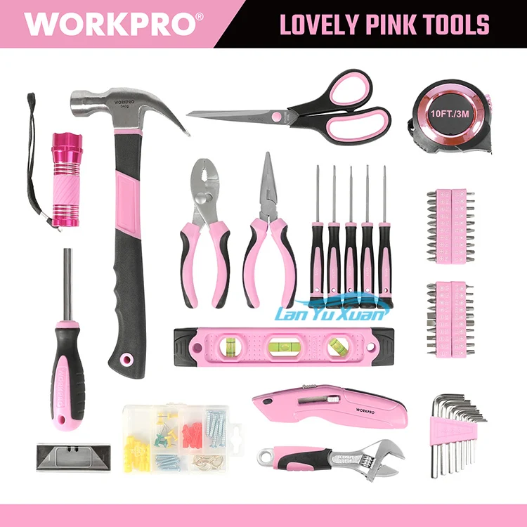 WORKPRO 106PC Home Repairing Tool Kit with Wide Mouth Open Storage Bag Household Pink  Set for Lady