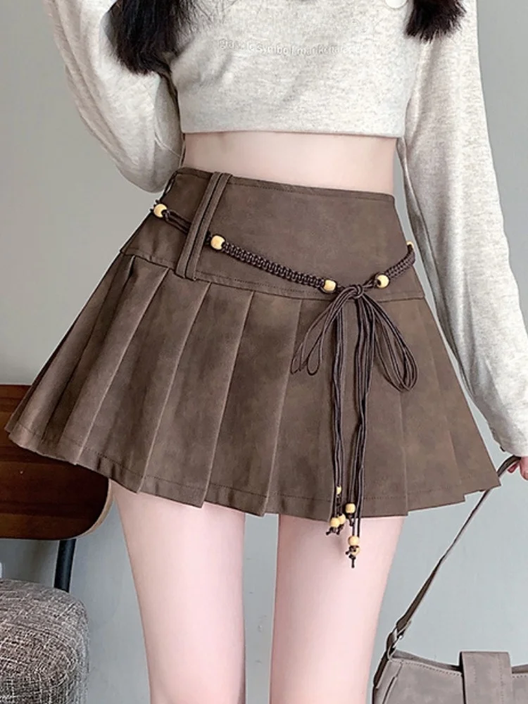 Abnehmen Hohe Taille PU Leder f Rock für Frauen Frühling Herbst Kaffee Farbe Retro Falten Rock Koreanische Sle Pendeln