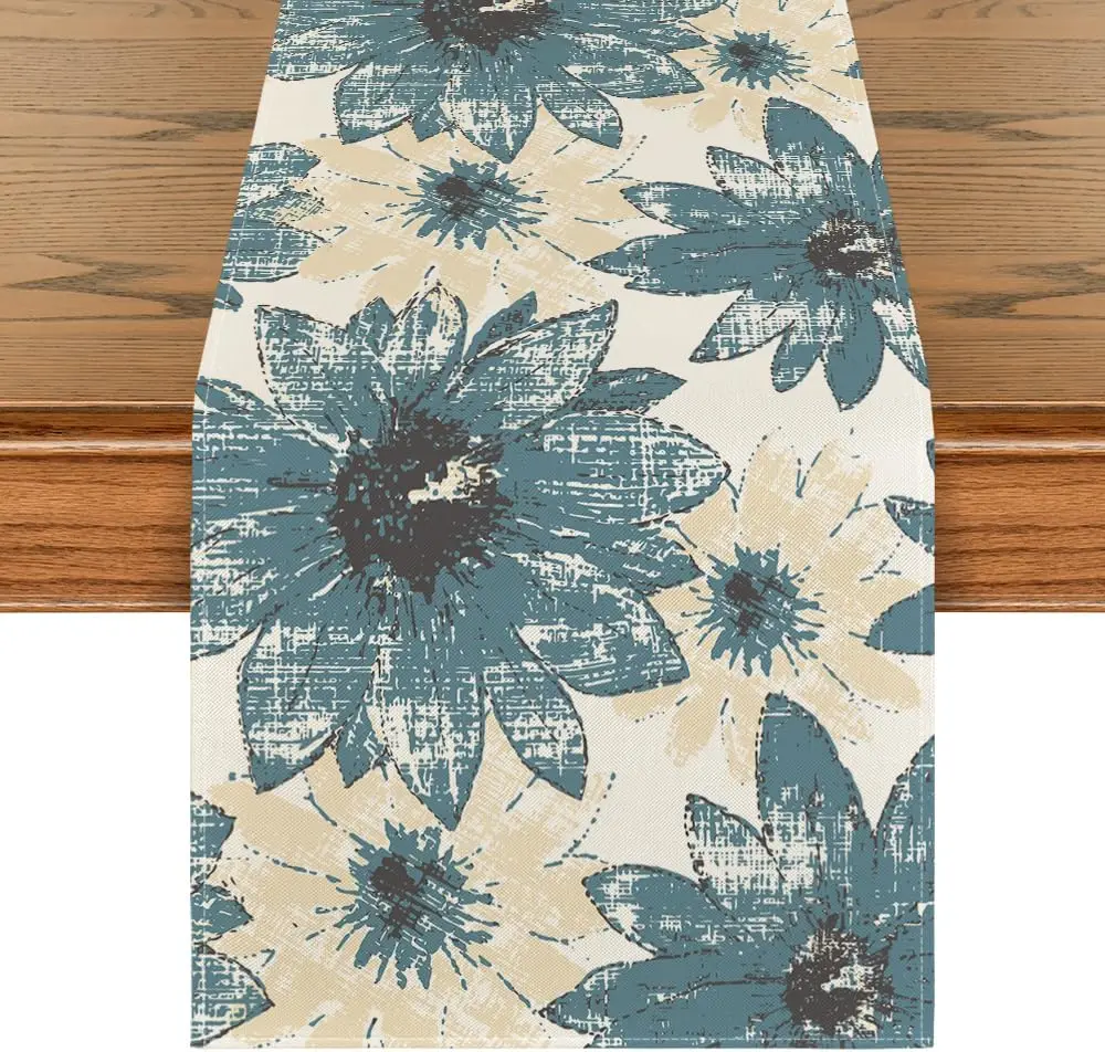 Vintage Blue Daisy Flower Linen Table Runner Dresser Scarf Table Decor Farmhouse Kitchen Dining Table Runner Holiday Party Decor