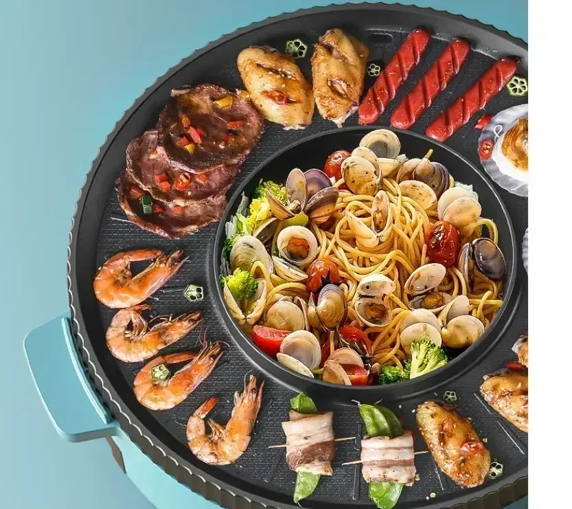 New multifunction hot pot electric barbecue grill all-in-one pot kitchen household barbecue meat grill fish machine high power