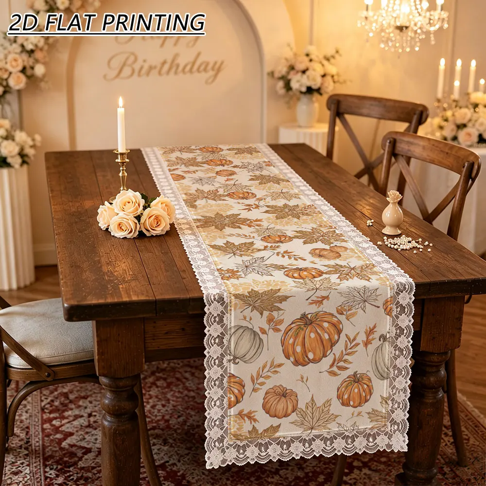 1pc Fall Autumn Pumpkin Maple Leaf Pattern Tulle Lace Table Runner For Home Decor Thanksgiving Dining