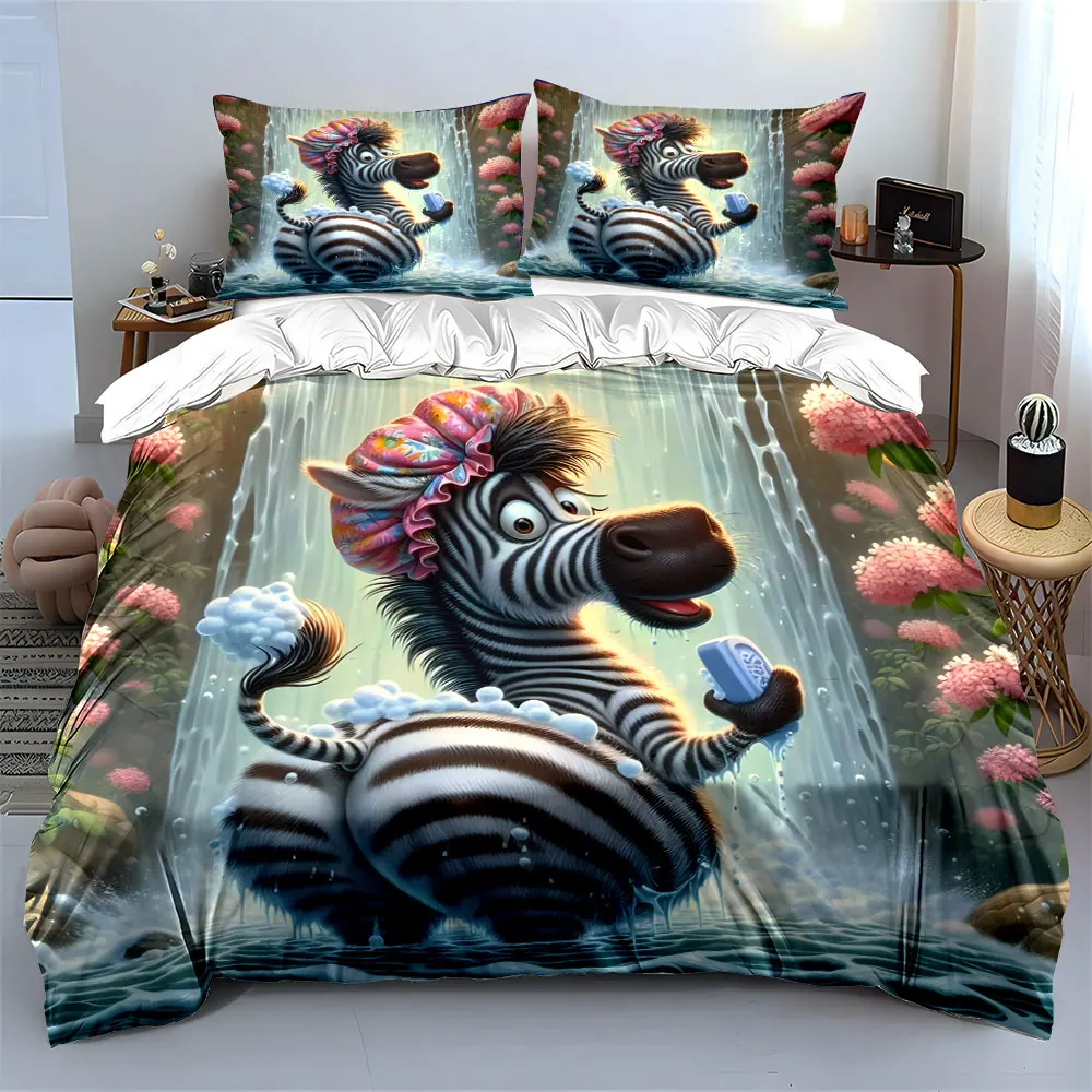 Adorable cartoon zebra taking a bubbly bath Printed Duvet Cover Set 1 Duvet Cover+2 Pillowcase Multi Size Bedroom Bedding Decor