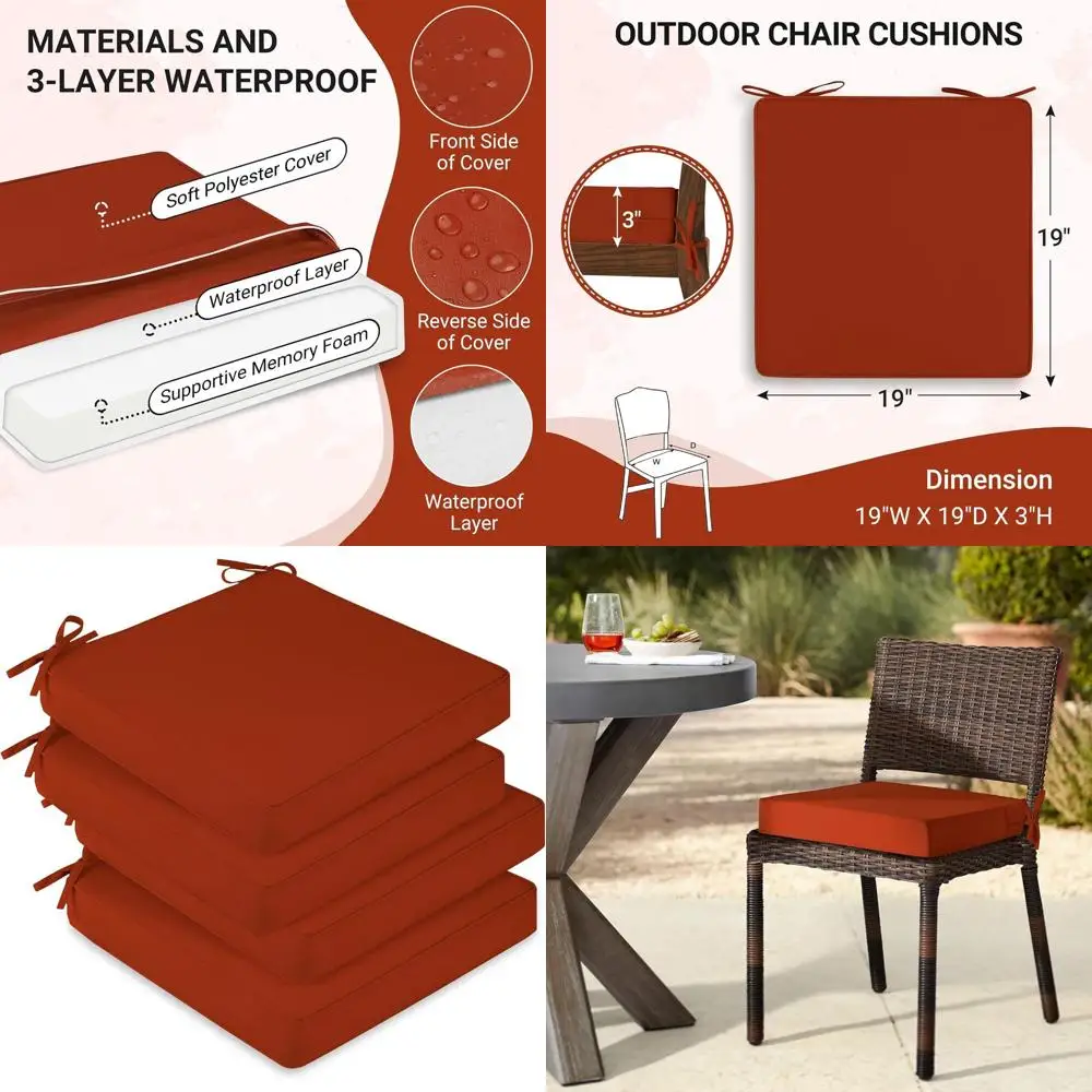 

Набор из 4 водонепроницаемых подушек для уличных стульев, квадратных подушек для патио 19 x 19 x 3 с нескользящими завязками и ручкой, съемный оранжевый цвет
