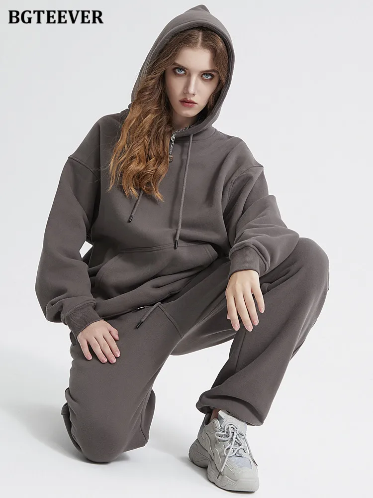 BGTEEVER Winter Thicken Fleece Two-Piece Sets Women Tracksuits Oversized Hooded and Harem Pants Solid Sweatshirts Suits Female