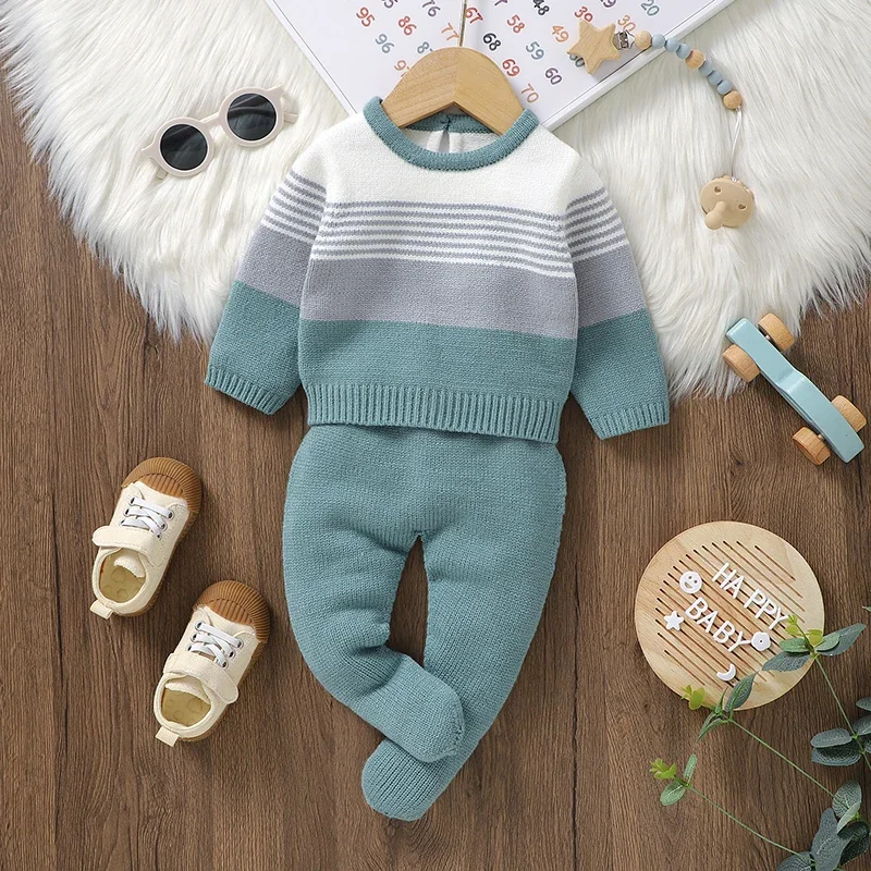 

Newborn Baby Clothes Set Knitted Autumn Infant Boy Sweater Pullover Long Sleeve +Pants Kid Sweater +Trousers 2PC Fashion Striped