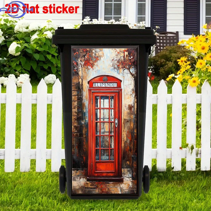 Retro Red Telephone Booth Trash Can Sticker, Cozy Street Scene Self-Adhesive Art Stickers, Vintage Villa View Trash Can Decal